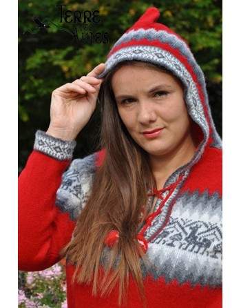 Pull à capuche rouge en laine d'Alpaga