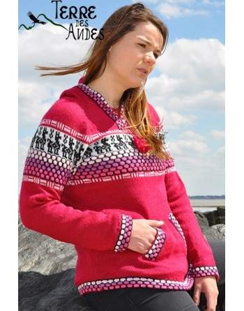 Pull à capuche fuchsia en laine d'Alpaga