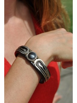 Bracelet cuir et métal argenté