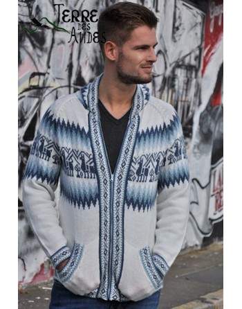 Veste à capuche en laine d'alpaga blanc céleste 