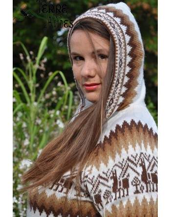 Tricot blanc et marron en laine d'alpaga